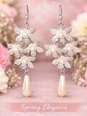Paparazzi Floral Pearl Drop Earrings White Silver Tone 3”